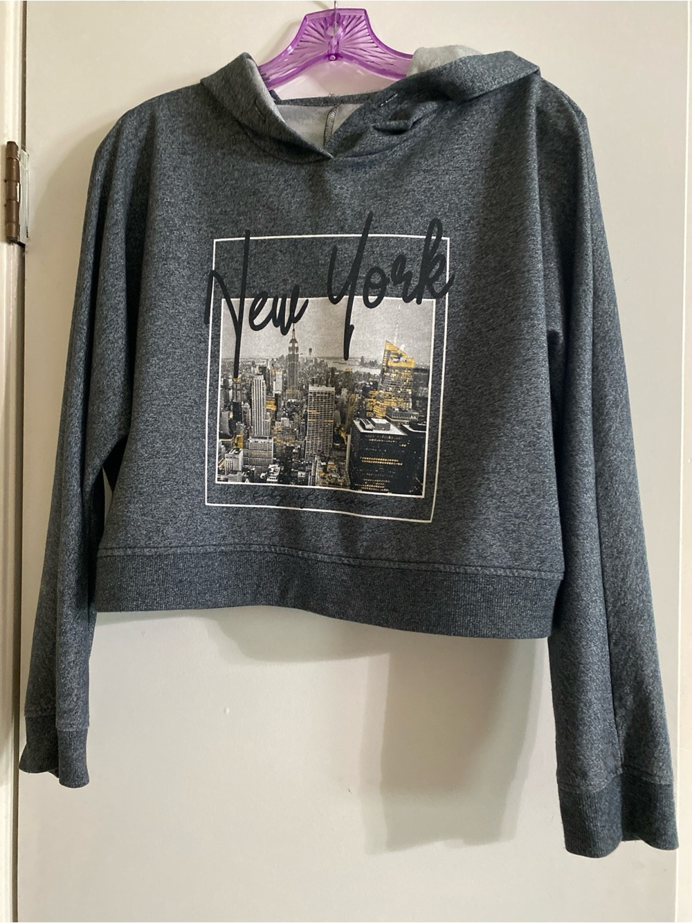 New York Graphic Cropped Hoodie Sweater - Charcoal Gray